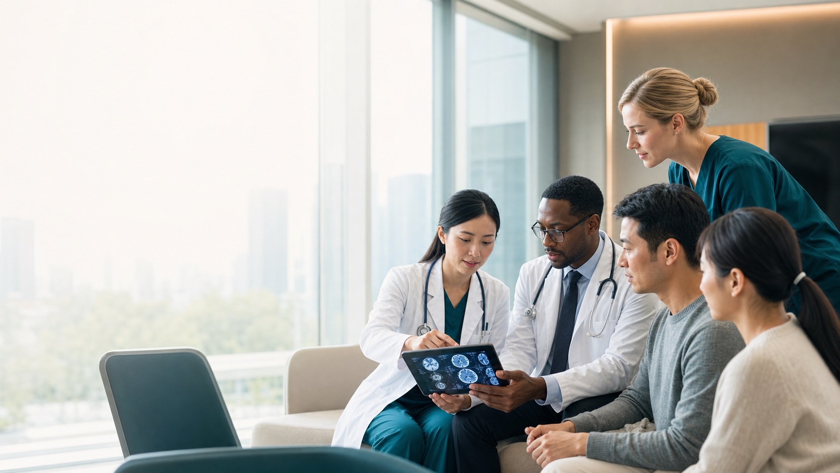 International clinicians reviewing medical images with a patient and care team