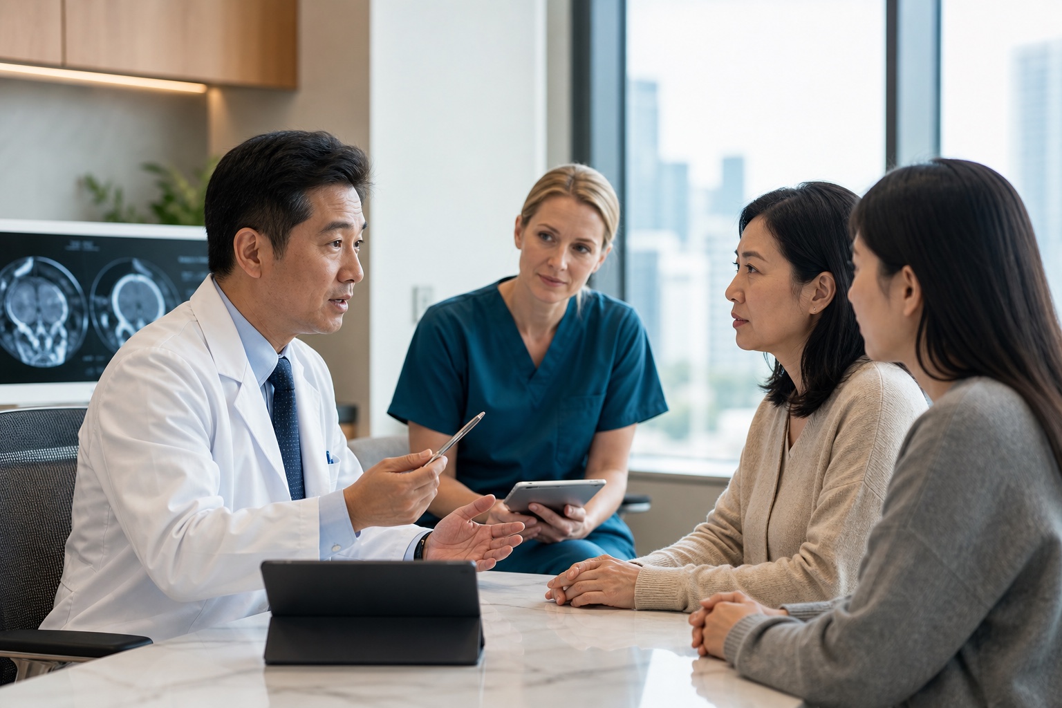 Doctor discussing a diagnostic care plan with an international patient and family