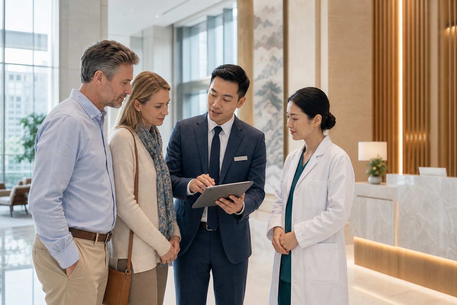 International patient family reviewing a China hospital visit plan with a coordinator and clinician